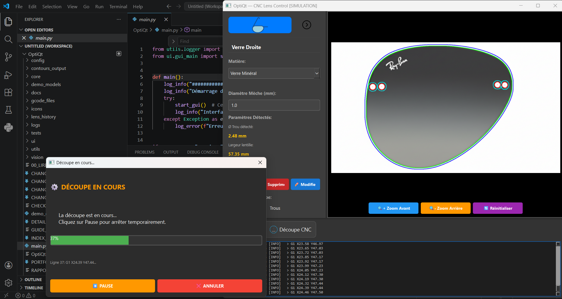 Interface OptiQt — framework vision et CNC